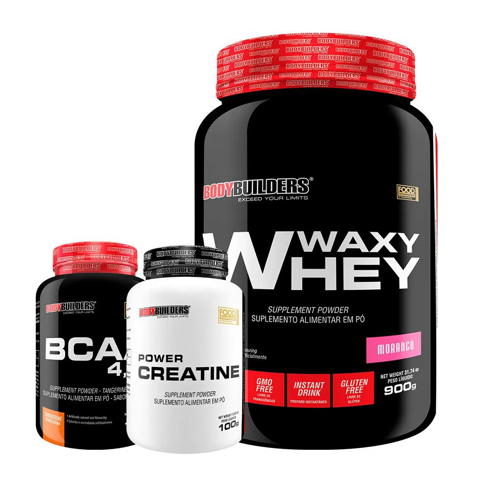 KIT WAXY WHEY 900G + BCAA 4,5 100G + POWER CREATINA 100G – BODYBUILDERS  Morango