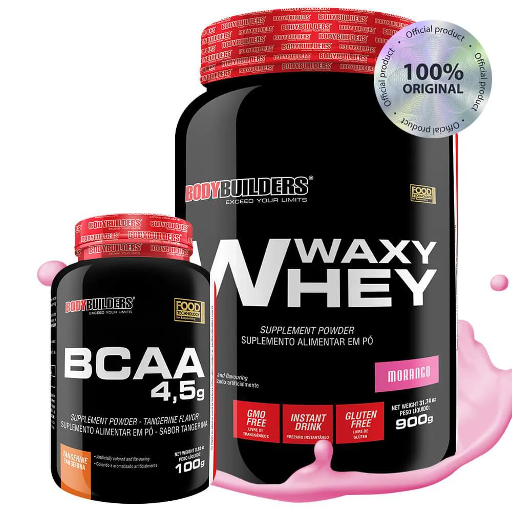 KIT WAXY WHEY 900G + BCAA 100G - BODYBUILDERS  Morango