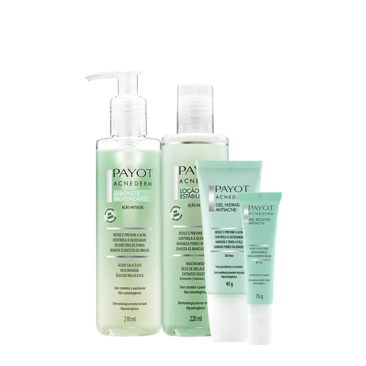 KIT PAYOT ACNEDERM GEL HIDRATANTE ANTIACNE SECATIVO SABONETE LíQUIDO E TôNICO (4 PRODUTOS)