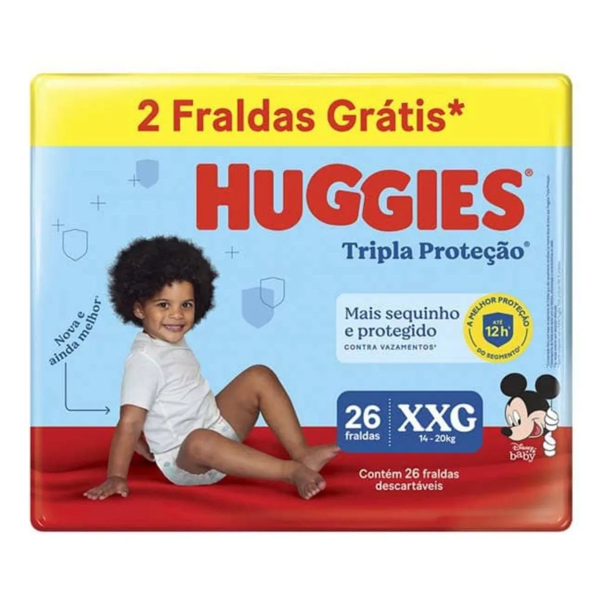 FRALDAS HUGGIES TRIPLA PROTEçãO MEGA XXG COM 26 UNIDADES 2 TIRAS