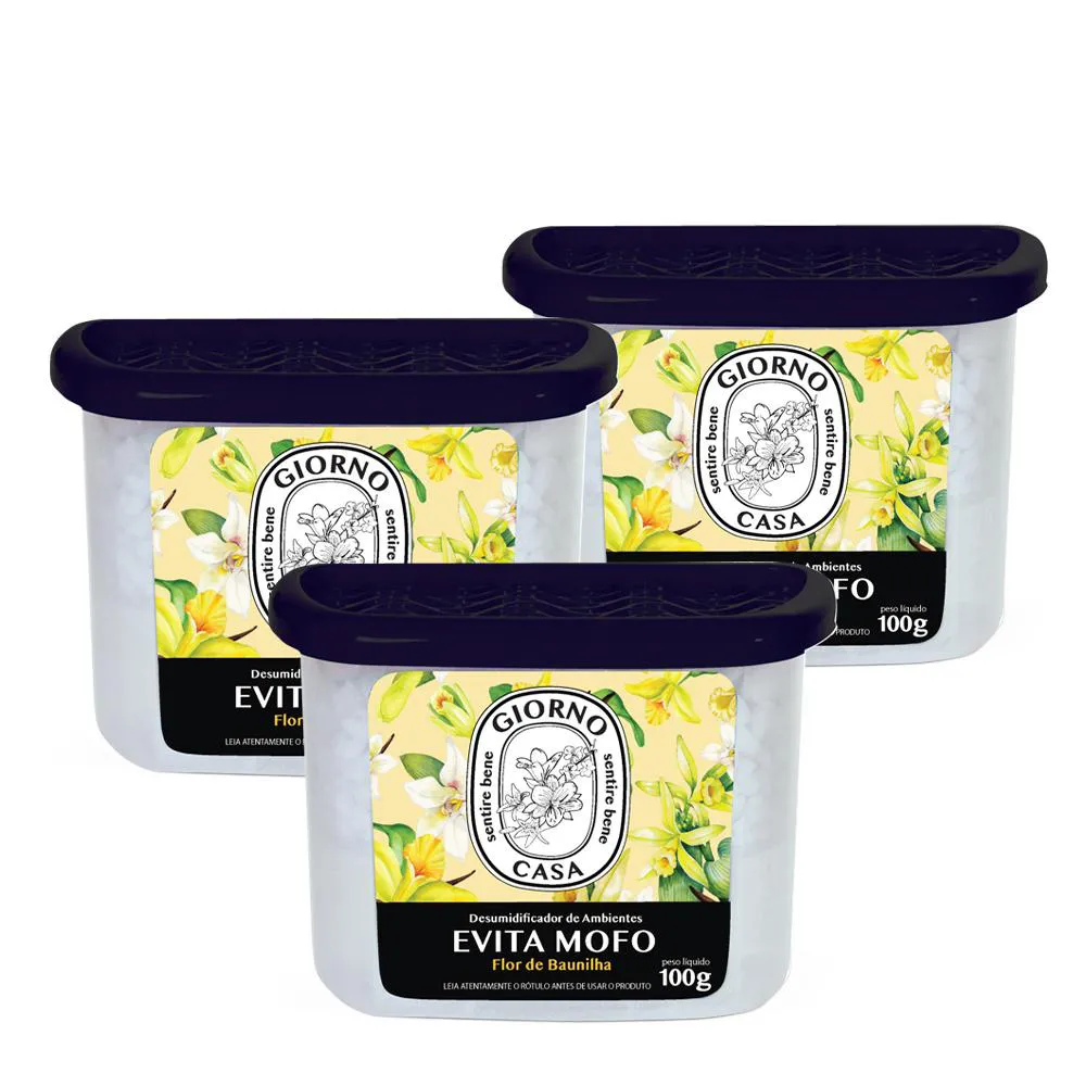 KIT GIORNO CASA SENTIRE BENE EVITA MOFO FLOR DE BAUNILHA - DESUMIDIFICADOR DE AMBIENTES 100G (3 UNIDADES)