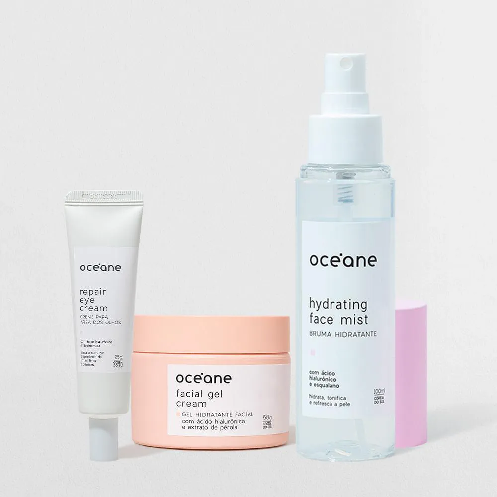 KIT GEL HIDRATANTE + CREME PARA ÁREA DOS OLHOS + BRUMA HIDRATANTE (3 PRODUTOS)