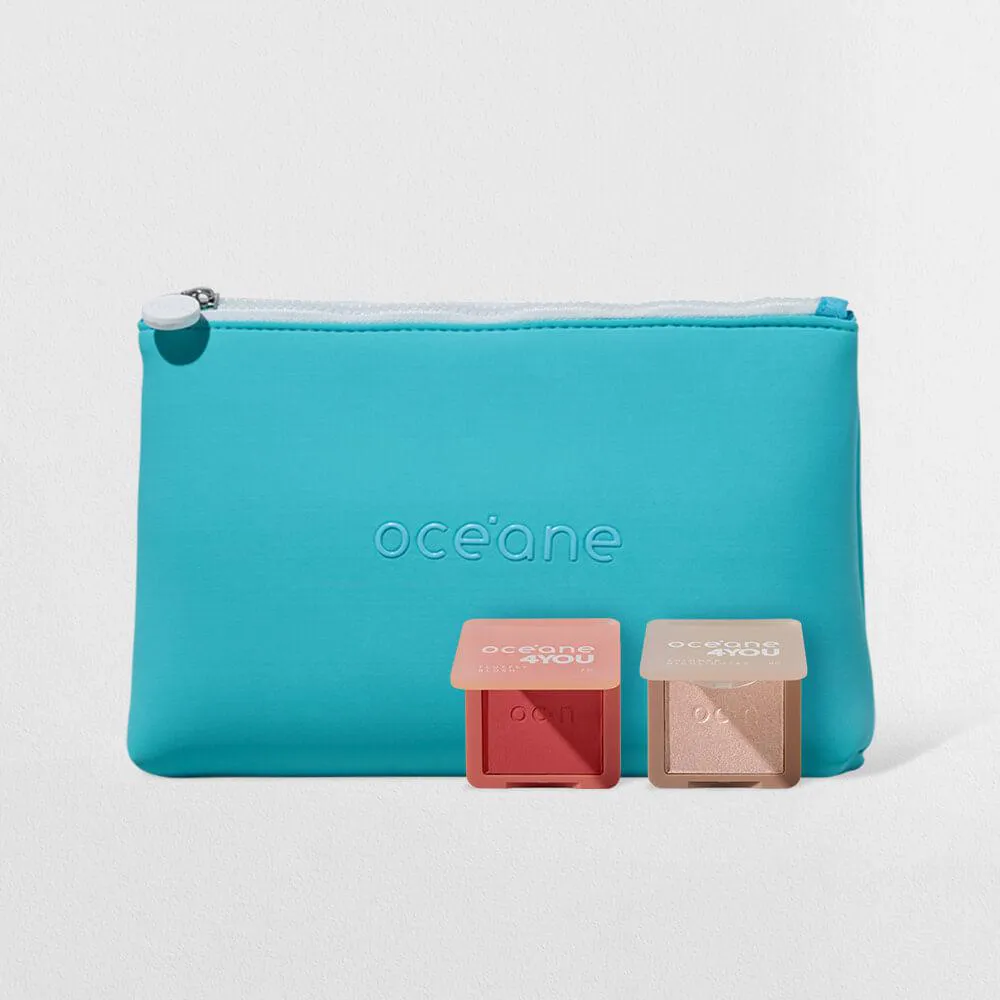 KIT BLUSH CREMOSO ROSA + ILUMINADOR FACIAL ROSADO + NéCESSAIRE NEOPRENE AZUL 4YOU (3 PRODUTOS)