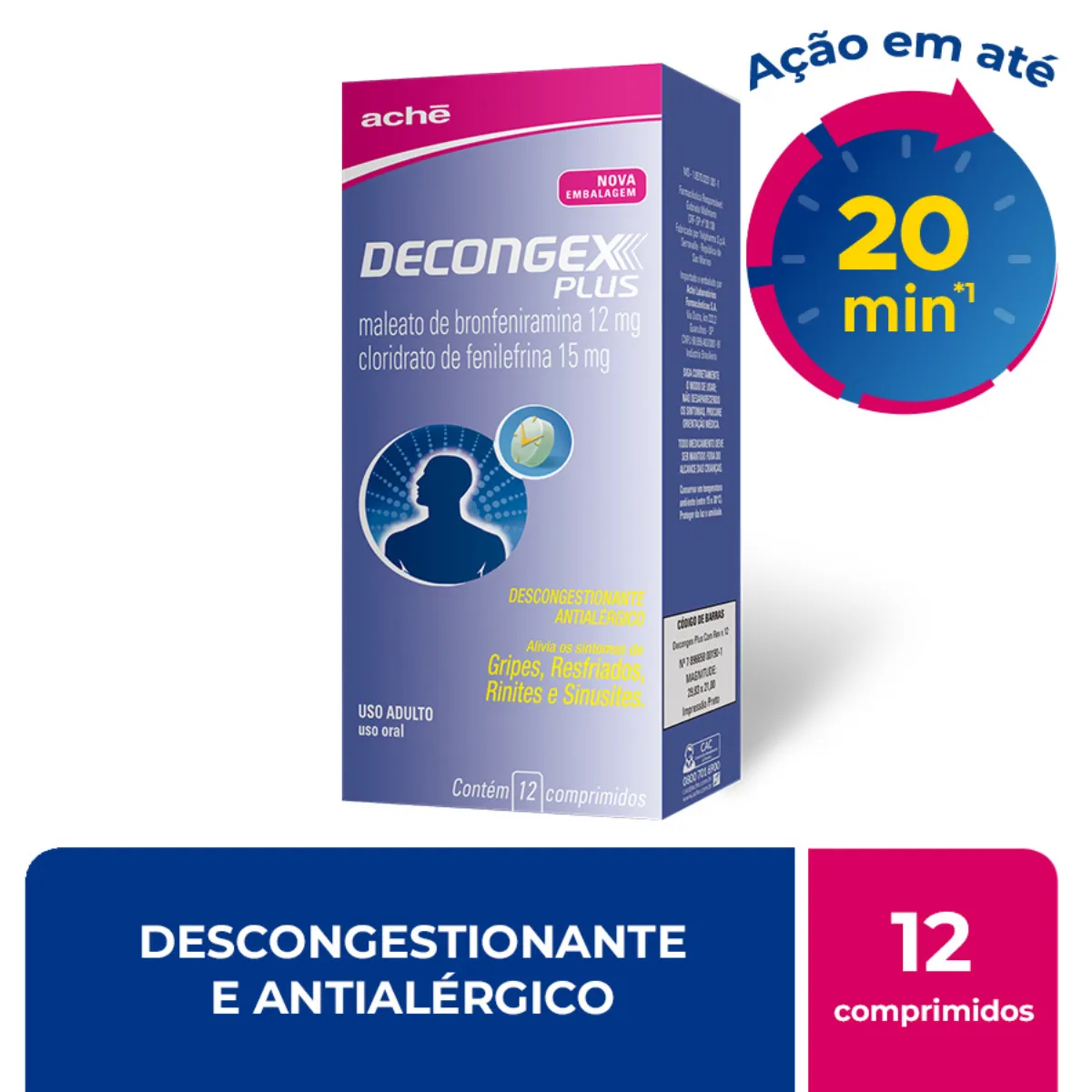 Decongex Plus Maleato de Clorfeniramina 12mg + Cloridrato Fenillefrina 15mg 12 comprimidos