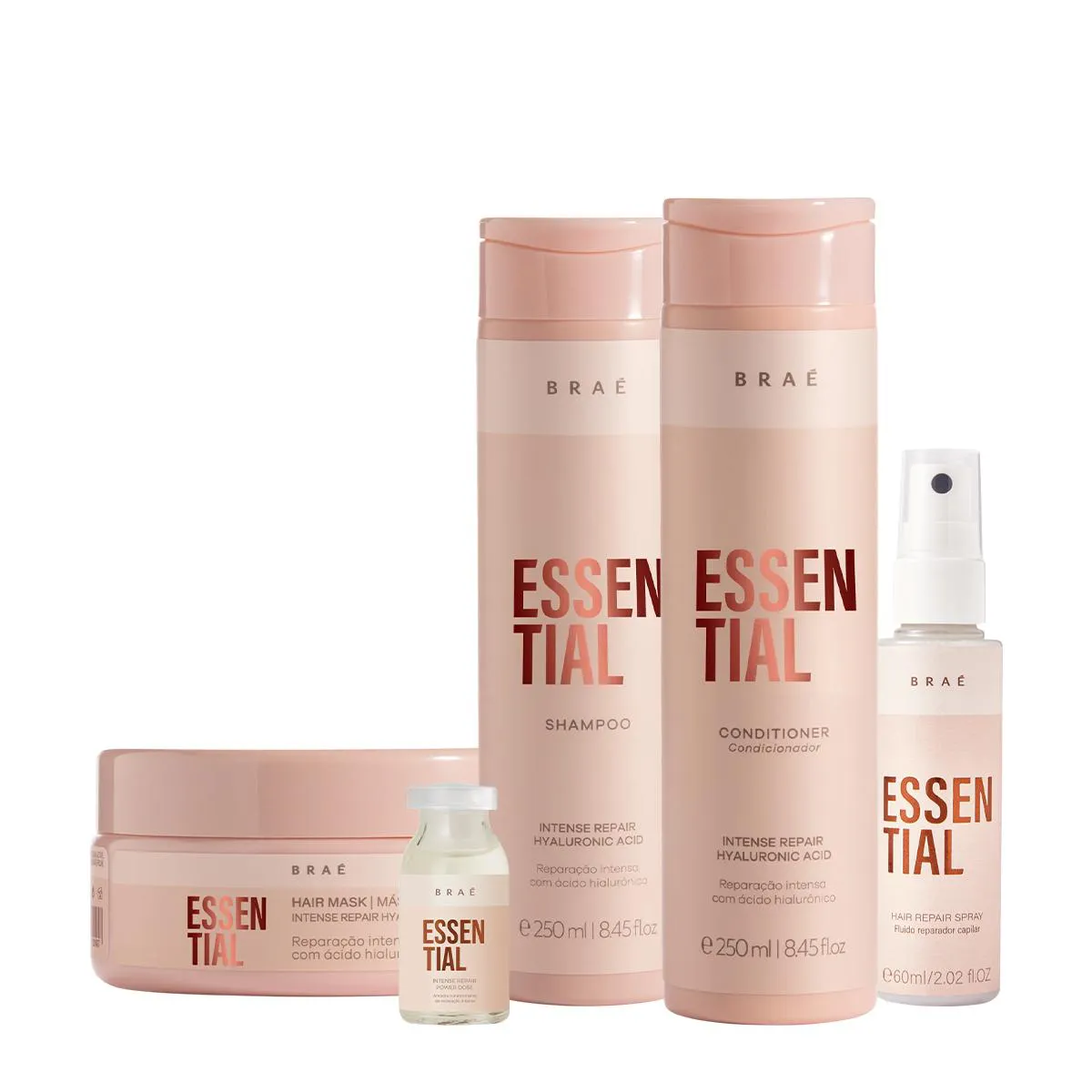 KIT BRAé ESSENTIAL SHAMPOO CONDICIONADOR MáSCARA LEAVE-IN E AMPOLA CAPILAR (5 PRODUTOS)