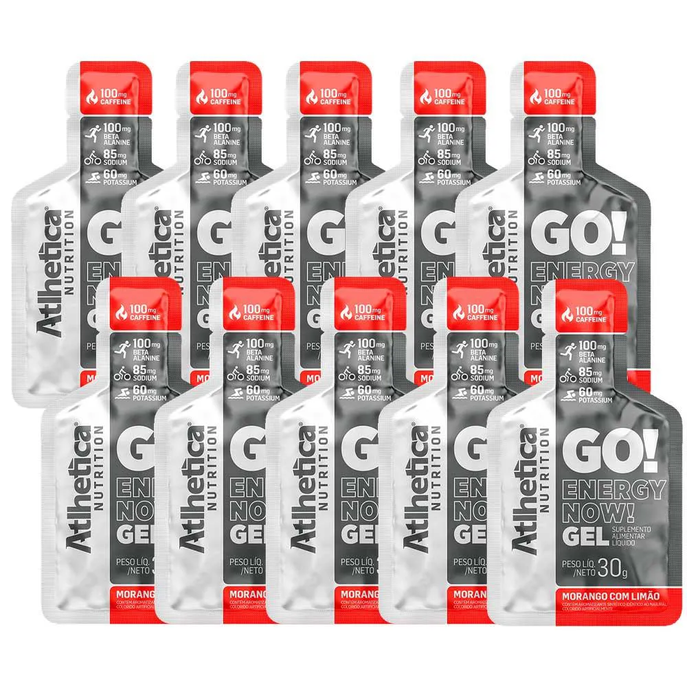 GO! ENERGY NOW GEL - CAIXA 10 SACHES 30G CADA - ATLHETICA NUTRITION Morango COM Limão