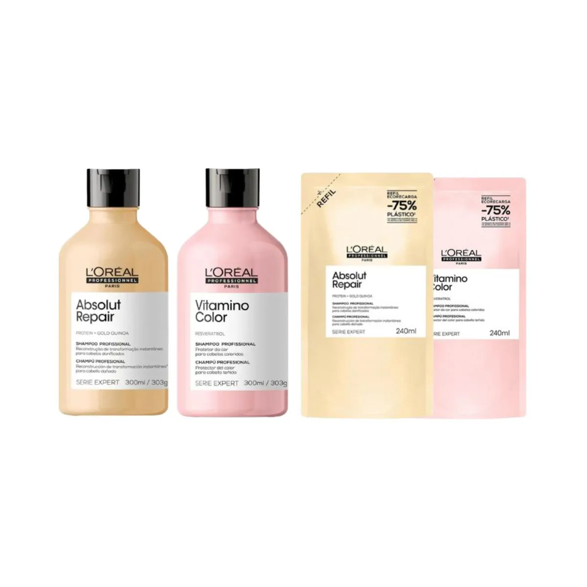 KIT SHAMPOO GOLD QUINOA 300ML + SHAMPOO VITAMINO COLOR 300ML  + 2 REFIS 240ML