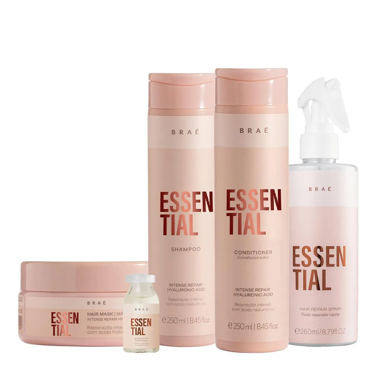 KIT BRAé ESSENTIAL SHAMPOO CONDICIONADOR MáSCARA FLUIDO REPARADOR E AMPOLA CAPILAR (5 PRODUTOS)