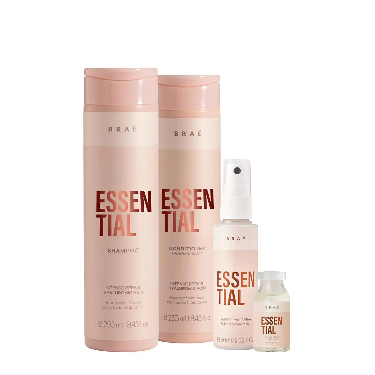 KIT BRAé ESSENTIAL SHAMPOO CONDICIONADOR LEAVE-IN E AMPOLA CAPILAR (4 PRODUTOS)
