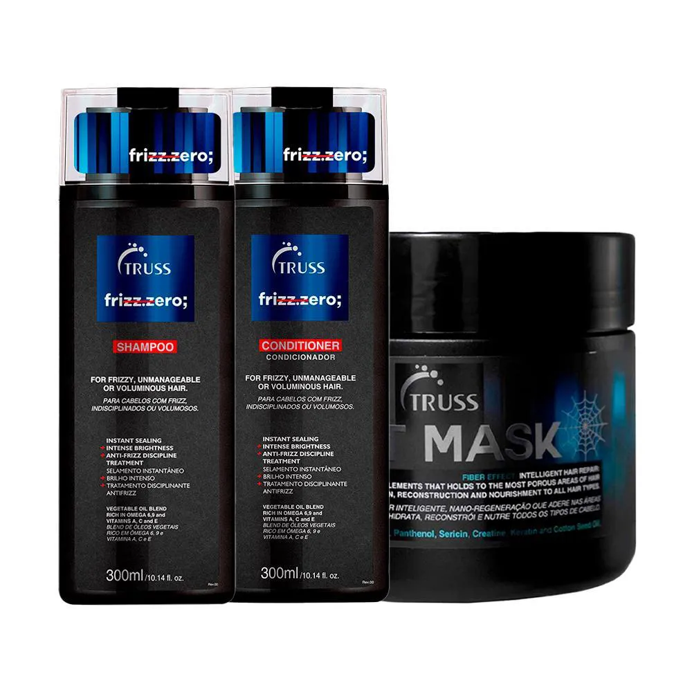 KIT TRUSS FRIZZ ZERO SHAMPOO 300ML + CONDICIONADOR 300ML + MáSCARA DE RECONSTRUçãO NET 550G