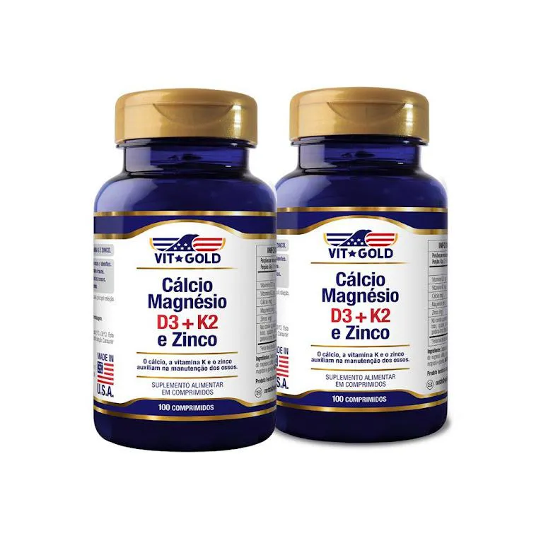 Kit 2 Cálcio Magnésio Zinco  Vitamina D3 e K2 Vitgold com 100 Comprimidos