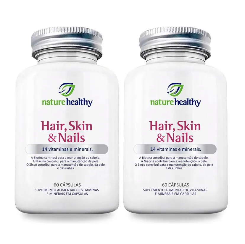 KIT c/ 2 HAIR, SKIN & NAILS c/ 14 VITAMINAS E MINERAIS NATURE HEALTHY 60 CÁPSULAS