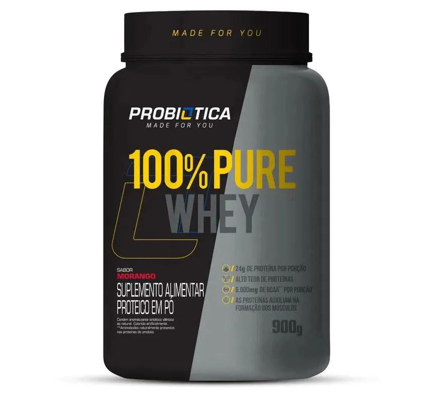 100% PURE WHEY POTE COM 900G SABOR MORANGO