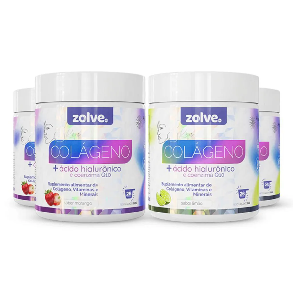 ZOLVE SKIN COLáGENO TIPO I - 2 POTES MORANGO E 2 POTES LIMÃO