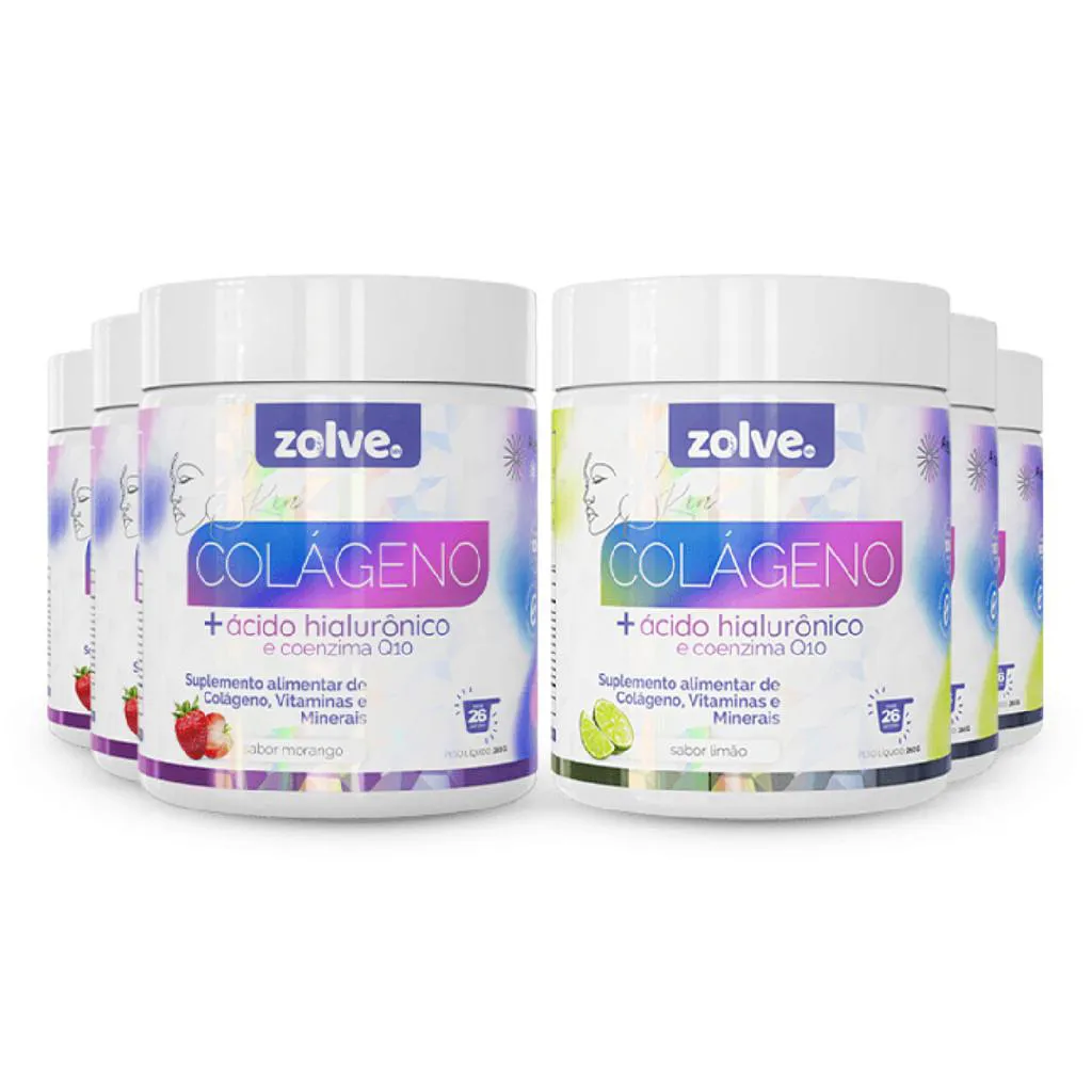 ZOLVE SKIN COLáGENO TIPO I - 3 POTES MORANGO E 3 POTE LIMÃOS