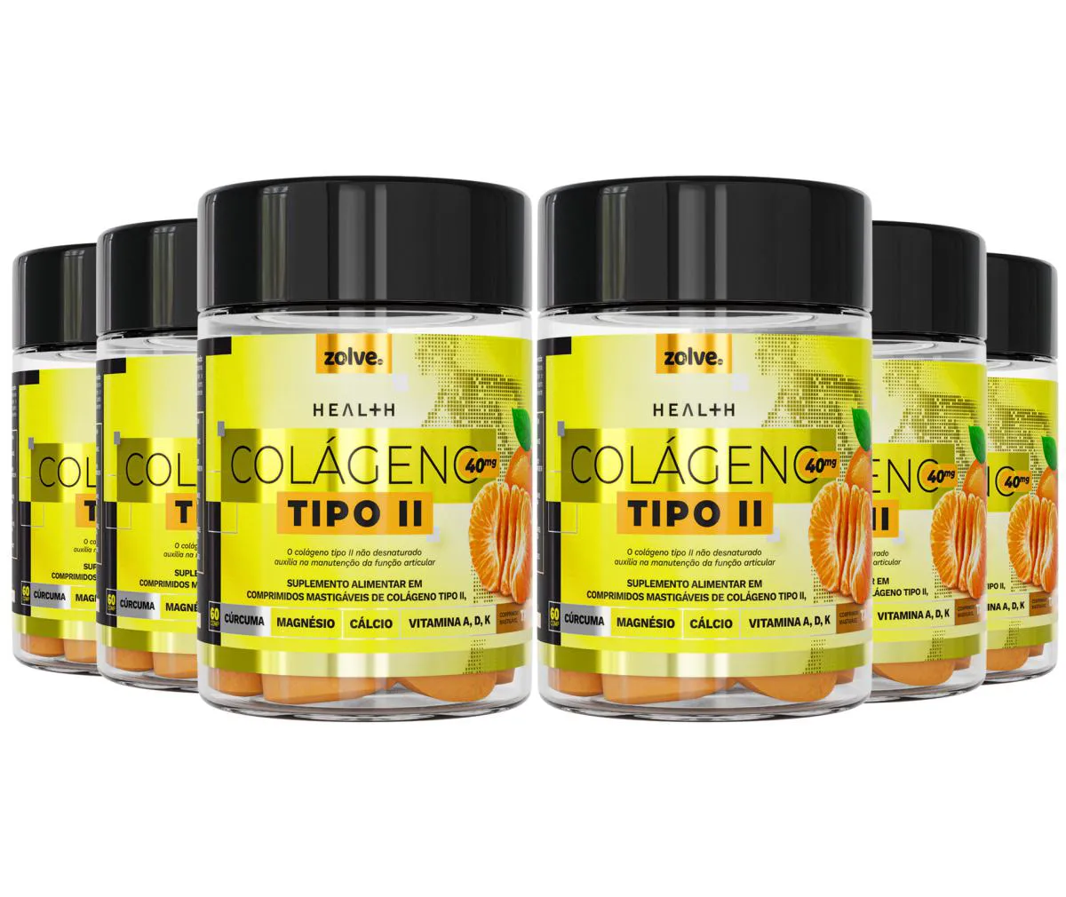6X COLáGENO TIPO II C/ MAGNéSIO E CúRCUMA 60 CáPSULAS TANGERINA - ZOLVE