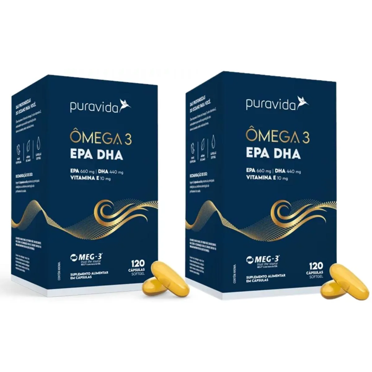 KIT 2 ÔMEGA 3 EPA DHA  VITAMINA E120 CAPSULAS PURAVIDA SEM Sabor