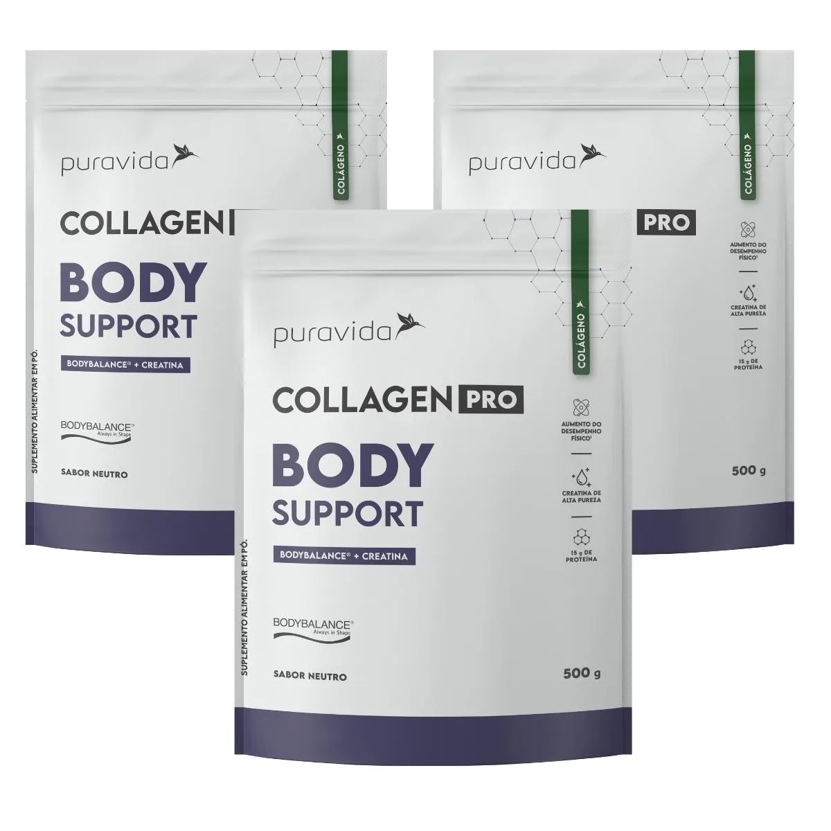 KIT 3 COLLAGEM PRO BODY SUPPORT 500G COLáGENO BODYBALANCE PURAVIDA Sabor Neutro