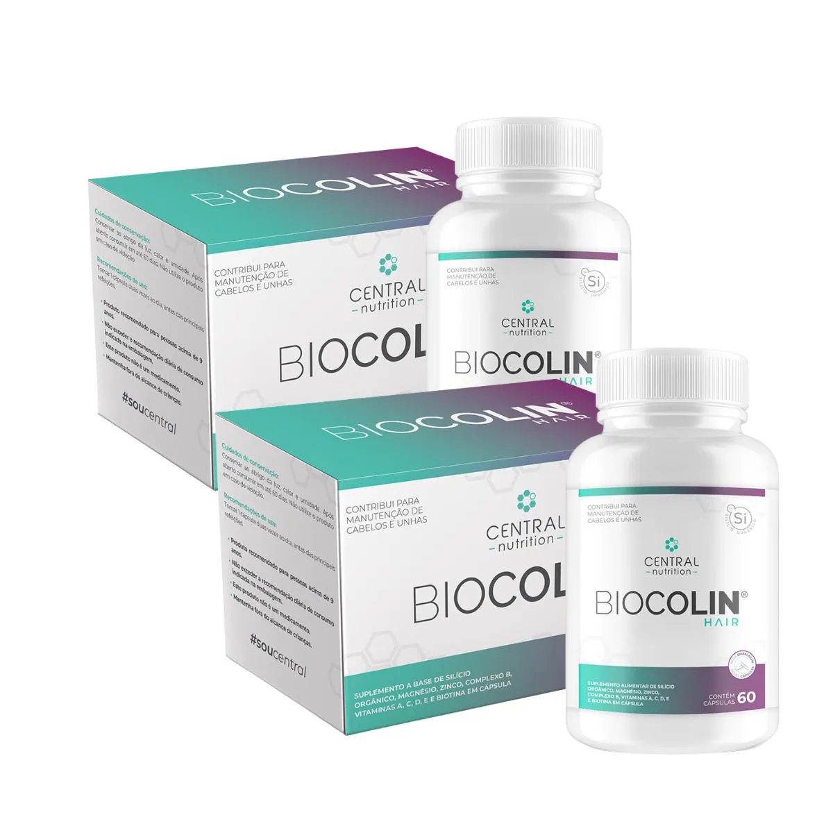 KIT 2 BIOCOLIN HAIR 500MG SILíCIO VITAM E 60 CAP CENTRAL NUTRITION SEM Sabor