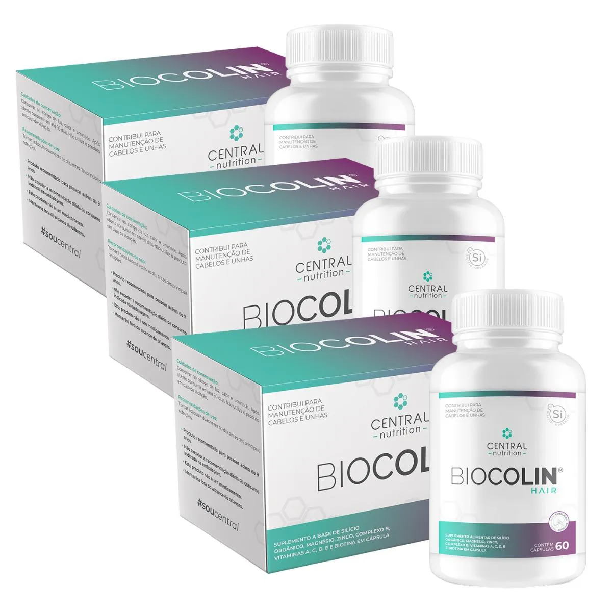 KIT 3 BIOCOLIN HAIR 500MG SILíCIO VITAM E 60 CAP CENTRAL NUTRITION SEM Sabor