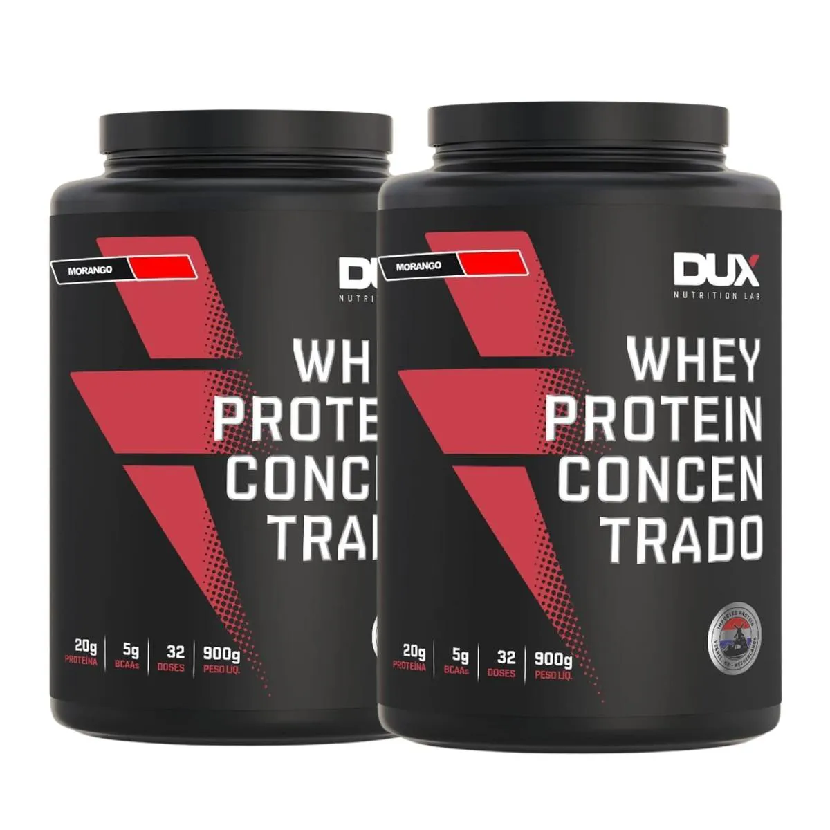 KIT 2 WHEY PROTEIN CONCENTRADO BCAA TODOSSABORE 900G DUX NUTRITION Morango