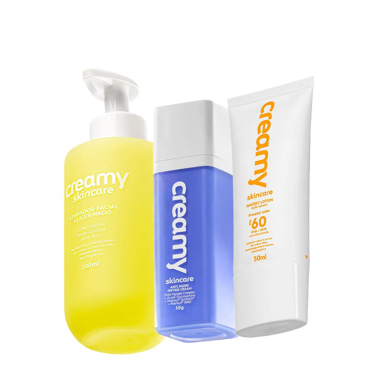 KIT CREAMY SKINCARE LIMPADOR GLICERINADO ANTI-AGING PEPTIDE E PROTETOR SOLAR (3 PRODUTOS)