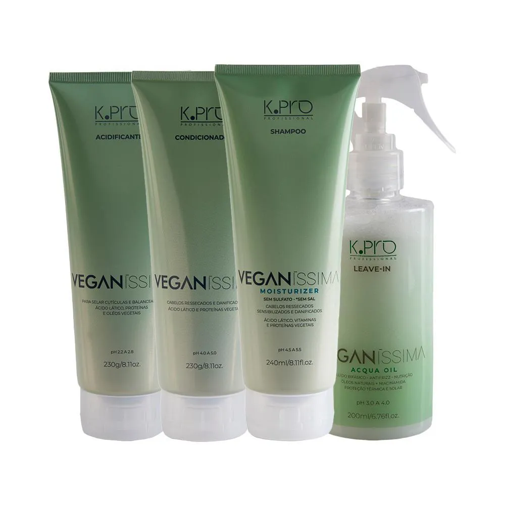 KIT K-PRO PROFISSIONAL VEGANISSIMA - SHAMPOO 240ML + CONDICIONADOR 230G + LEAVE-IN 200ML + ACIDIFICANTE 230G
