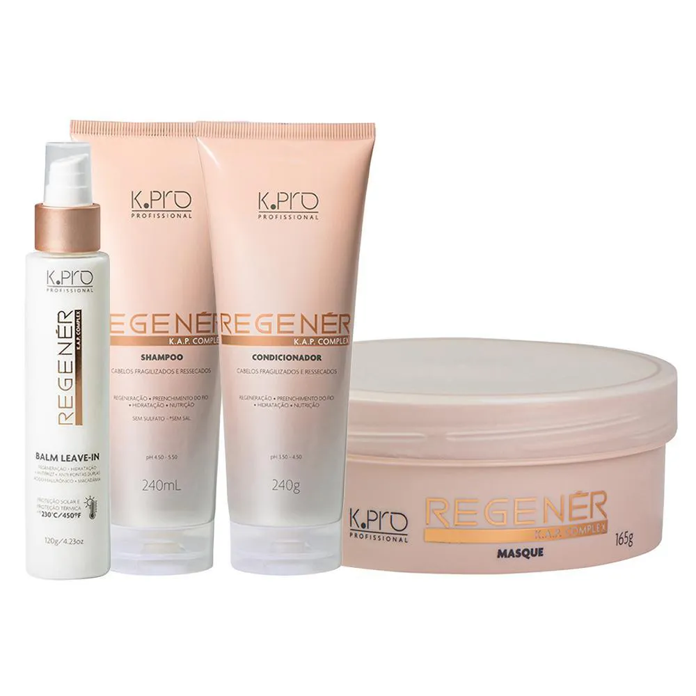 KIT K-PRO PROFISSIONAL REGENéR K.A.P COMPLEX - SHAMPOO 240ML + CONDICIONADOR 240G + MáSCARA 165G + LEAVE-IN 120G