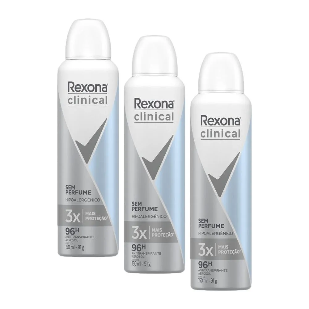 KIT 3 DESODORANTES ANTITRANSPIRANTE REXONA CLINICAL SEM PERFUME 150ML