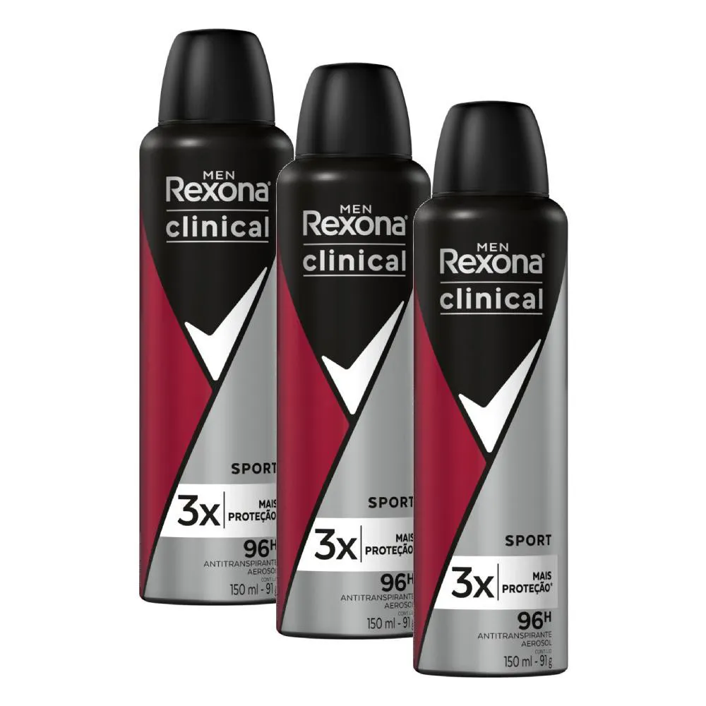 KIT COM 3 DESODORANTES ANTITRANSPIRANTES AEROSOL REXONA SPORT 150ML