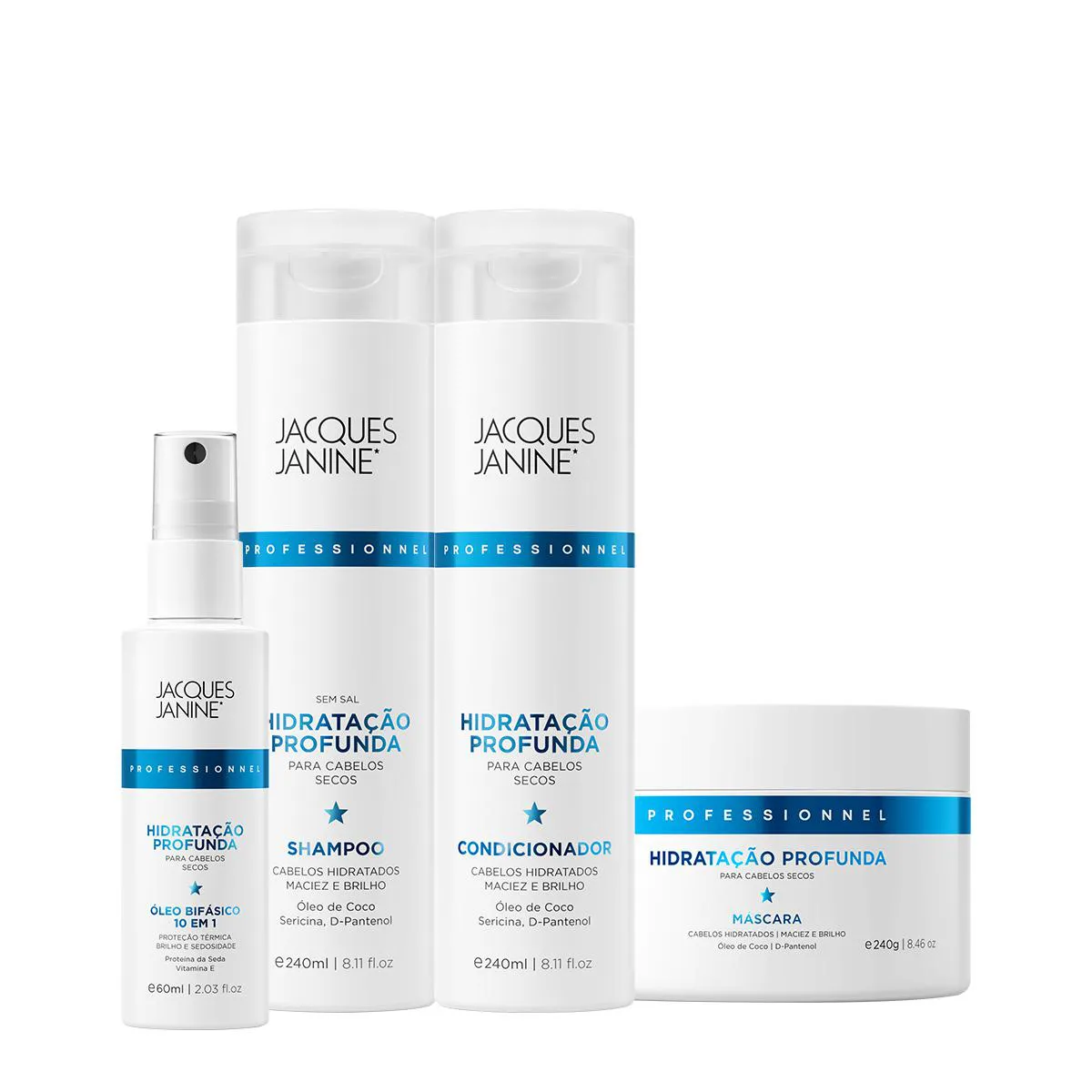 KIT JACQUES JANINE HIDRATAçãO PROFUNDA SHAMPOO CONDICIONADOR MáSCARA E ÓLEO BIFáSICO (4 PRODUTOS)