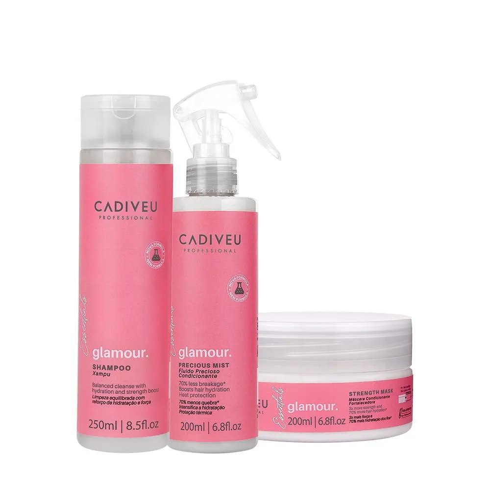 KIT CADIVEU PROFISSIONAL ESSENTIALS GLAMOUR FLUíDO SHAMPOO E MáSCARA (3 PRODUTOS)