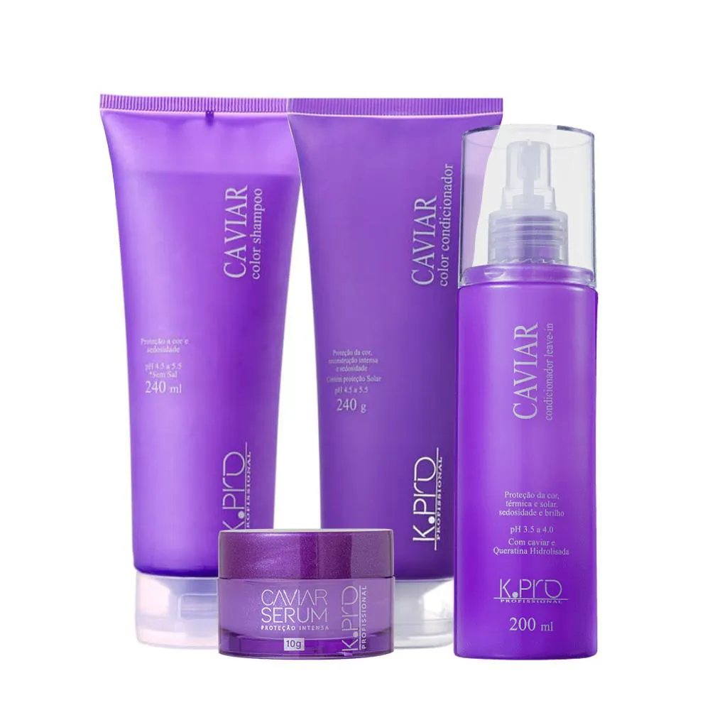 KIT K.PRO PROFISSIONAL CAVIAR SHAMPOO CONDICIONADOR LEAVE-IN E SéRUM (4 PRODUTOS)