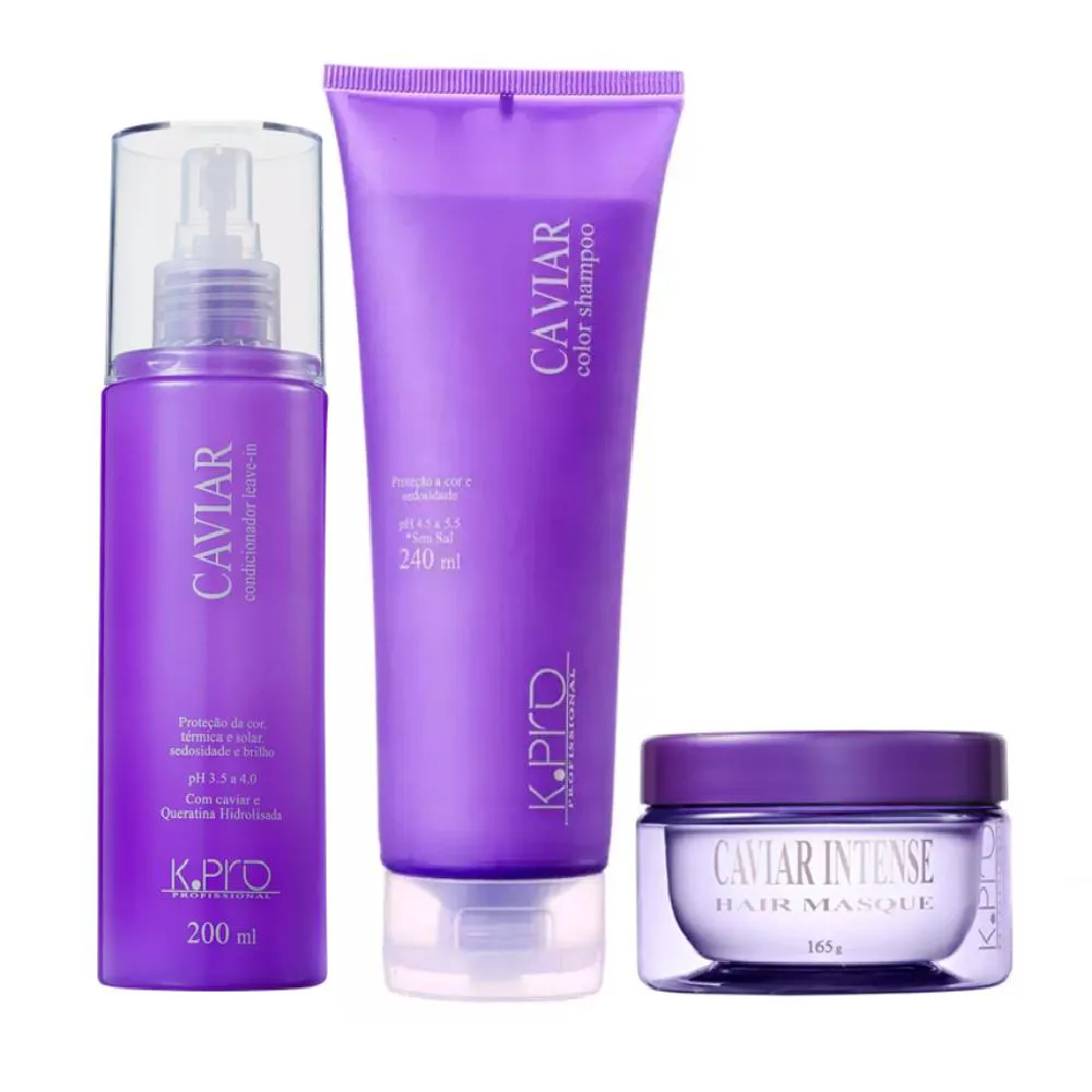 KIT K.PRO PROFISSIONAL CAVIAR SHAMPOO MáSCARA E SPRAY LEAVE-IN (3 PRODUTOS)