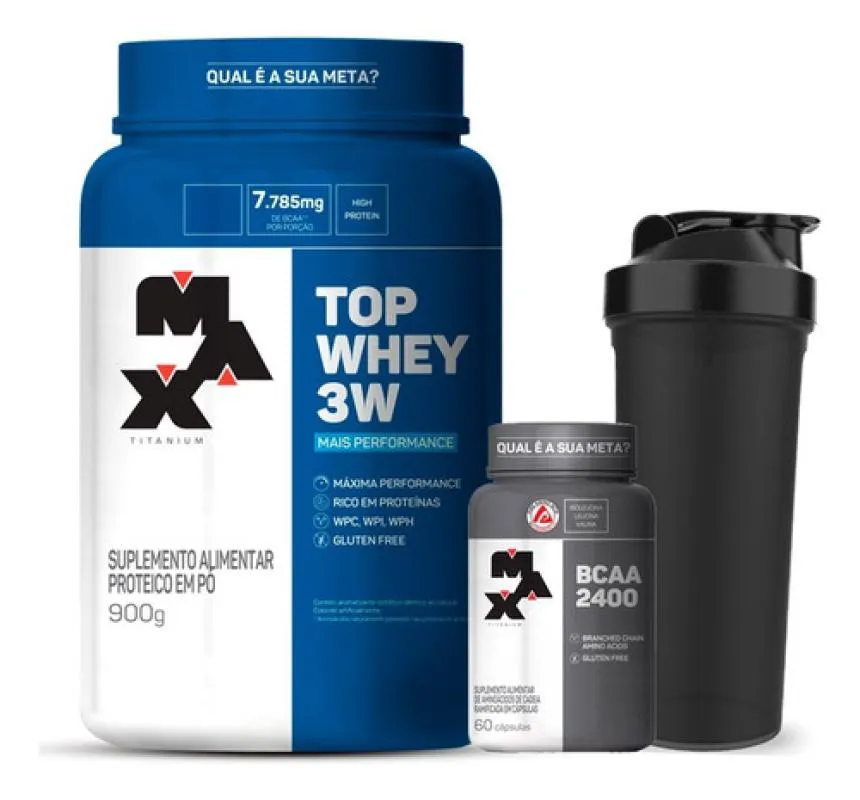 TOP WHEY PROTEIN 3W 900G MAX TITANIUM BAUNILHA + BCAA C/ 60