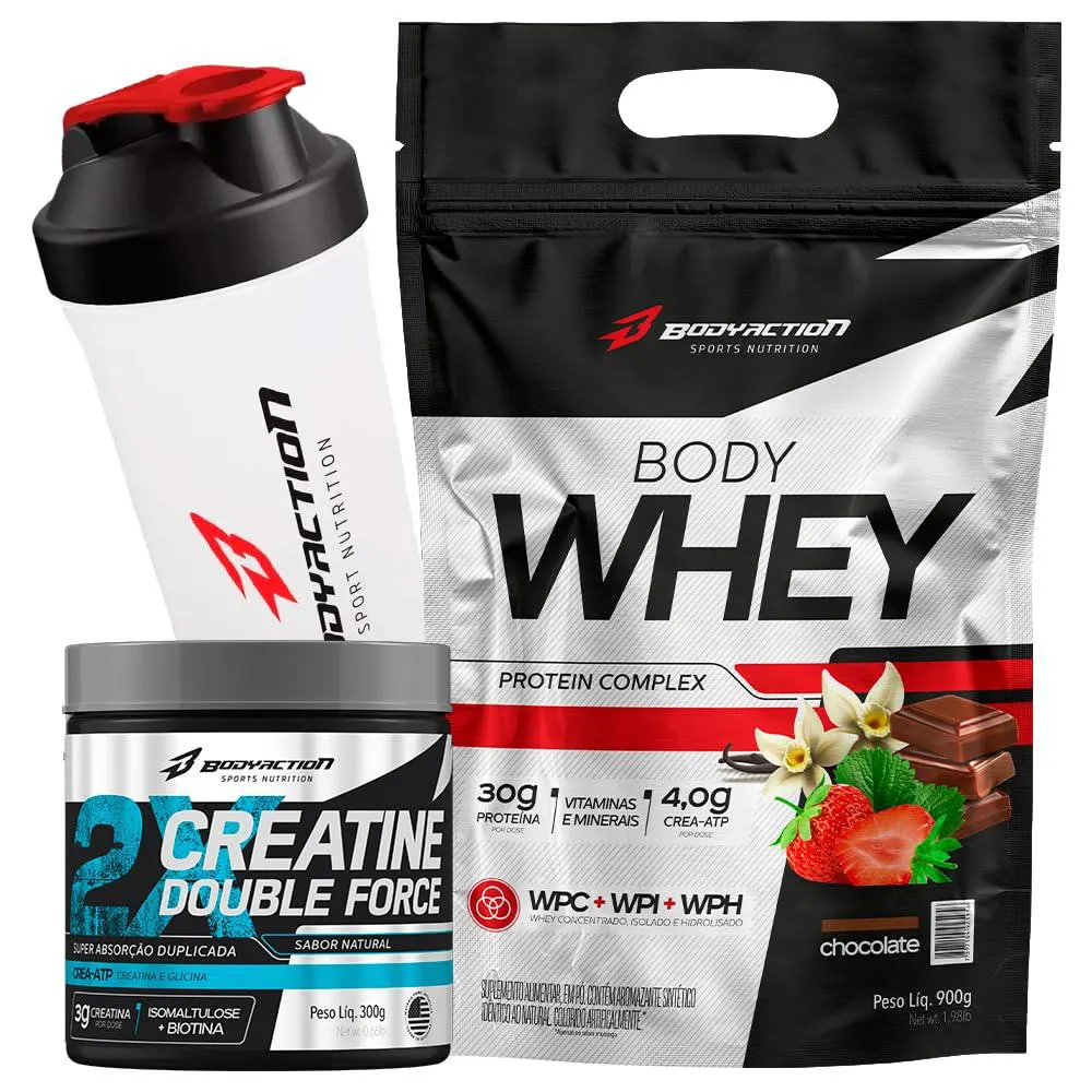 KIT BODY WHEY PROTEIN COMPLEX 900G + CREATINA + COQUETELEIRA