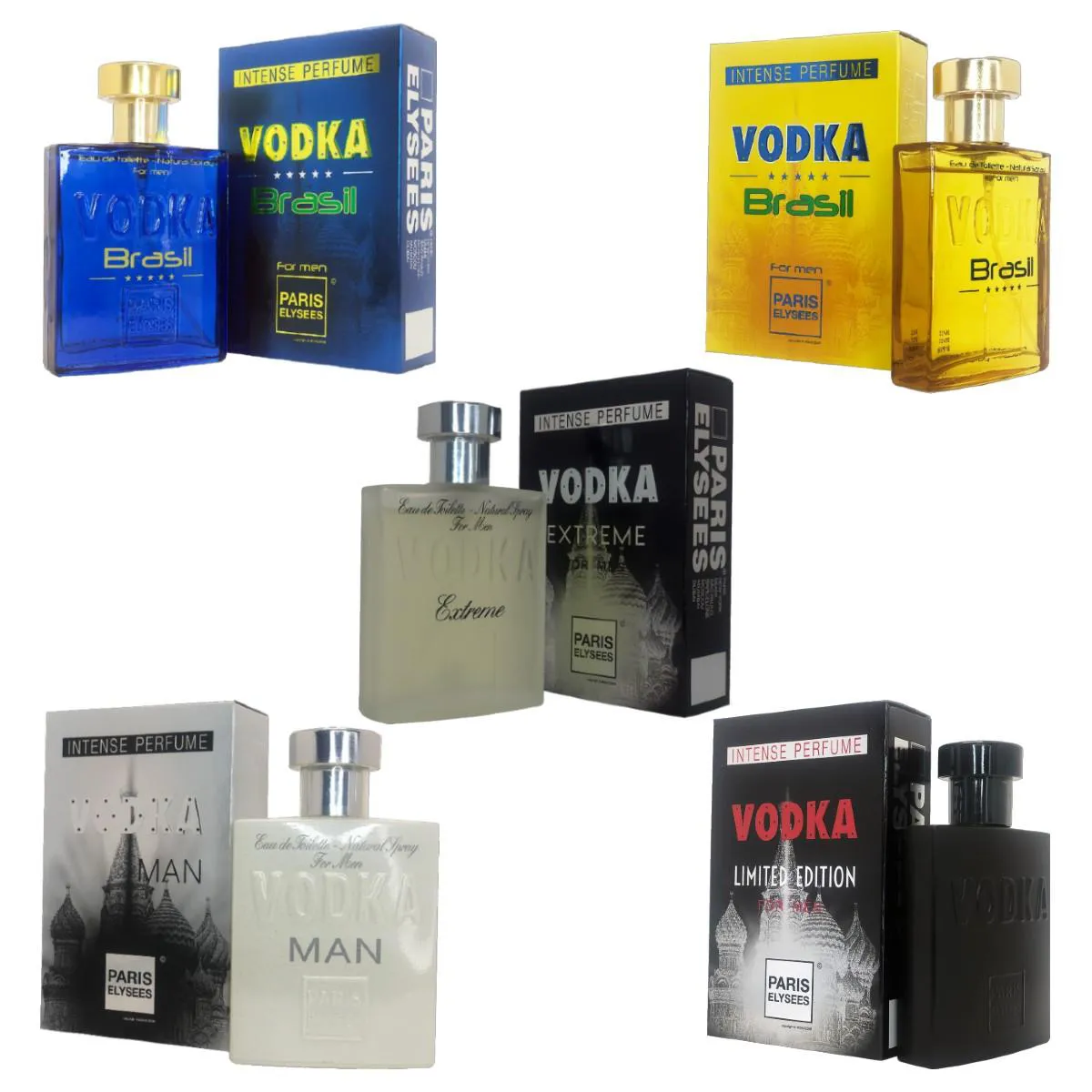 KIT VODKA BRASIL AMARELO + VODKA BRASIL AZUL + VODKA MAN + VODKA LIMITED + VODKA EXTREME 100ML