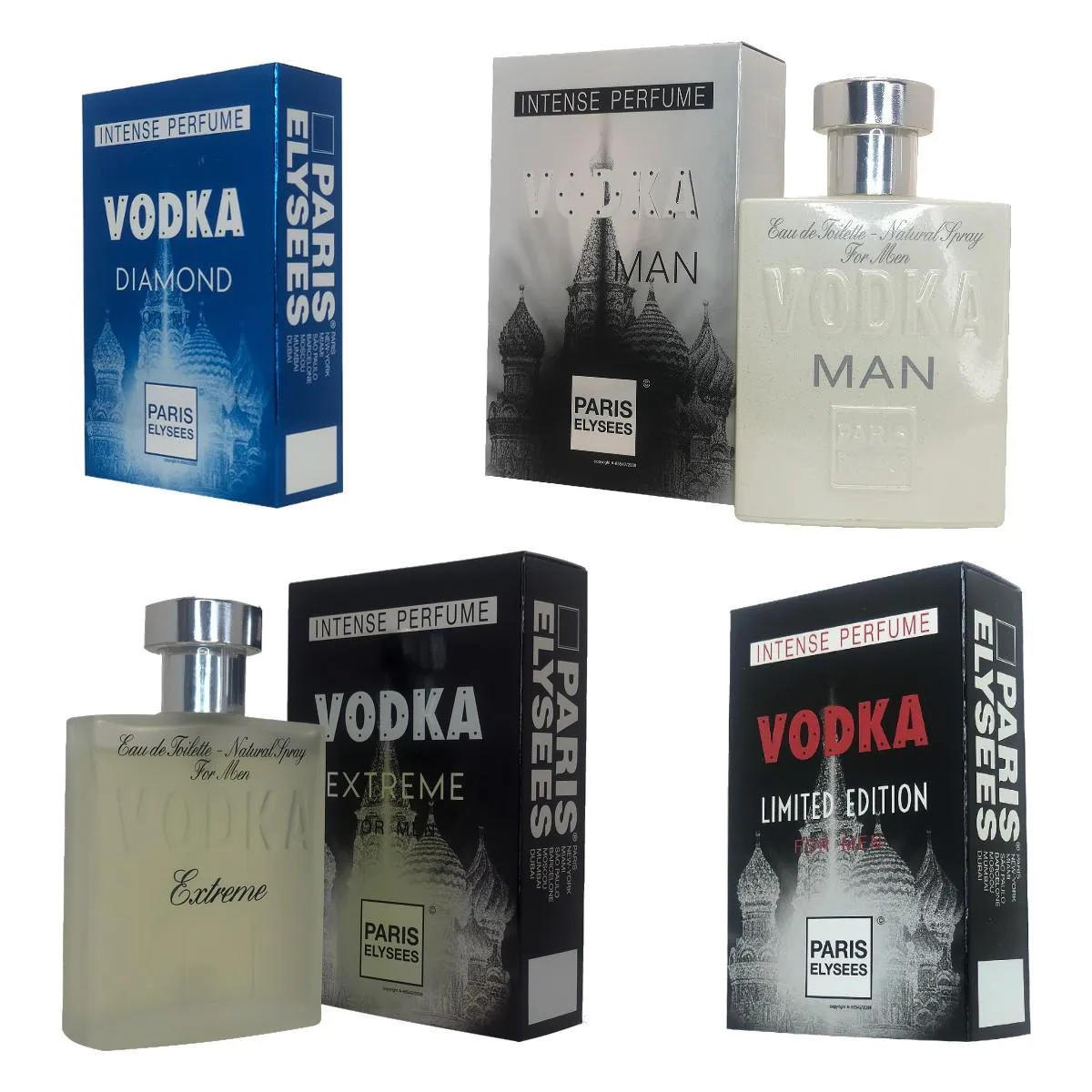 KIT PERFUME VODKA DIAMOND + VODKA MAN + VODKA LIMITED + VODKA EXTREME MASCULINO 100ML