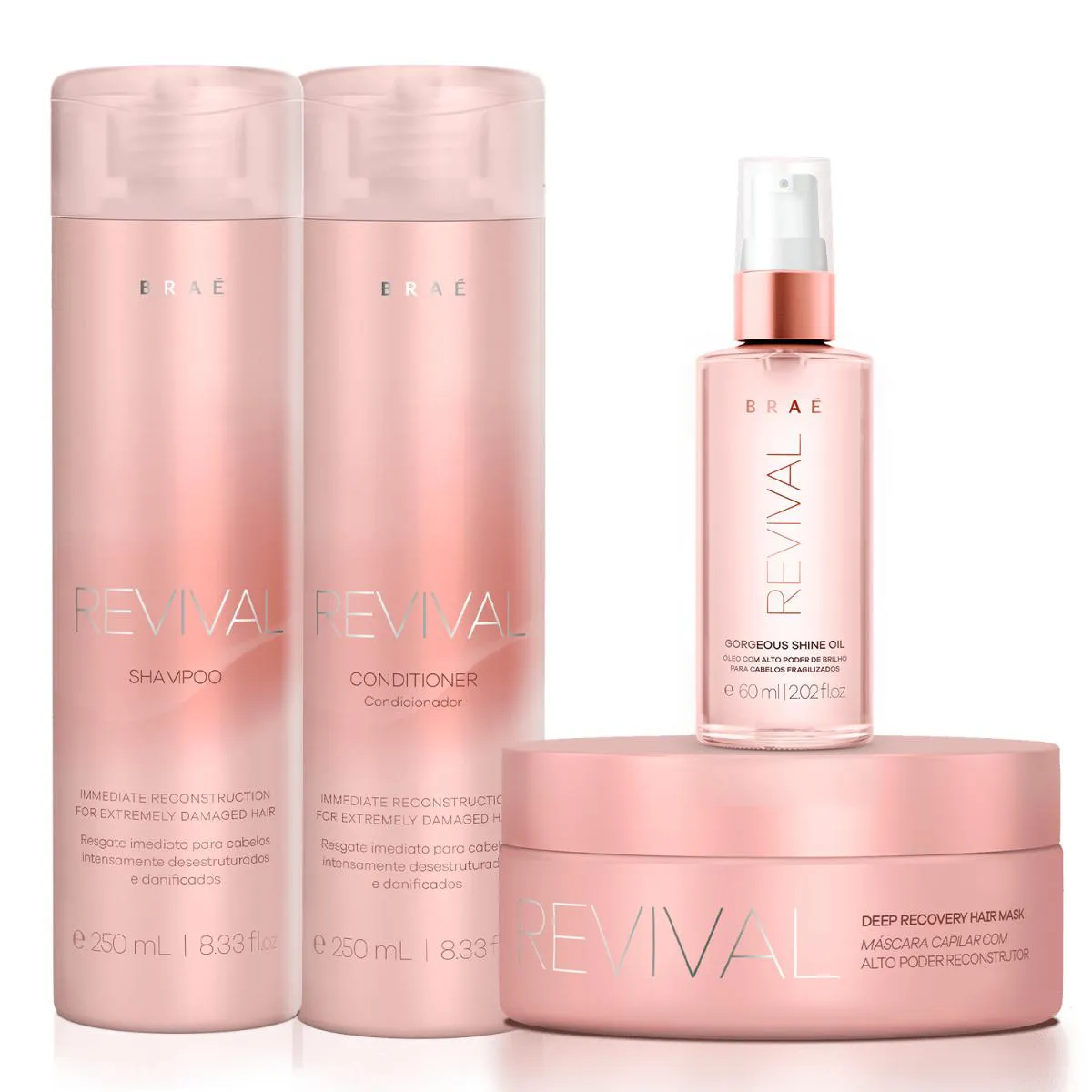 BRAé REVIVAL KIT SHAMPOO 250ML + CONDICIONADOR 250ML + MáSCARA 200G + SéRUM GORGEOUS SHINE 60ML