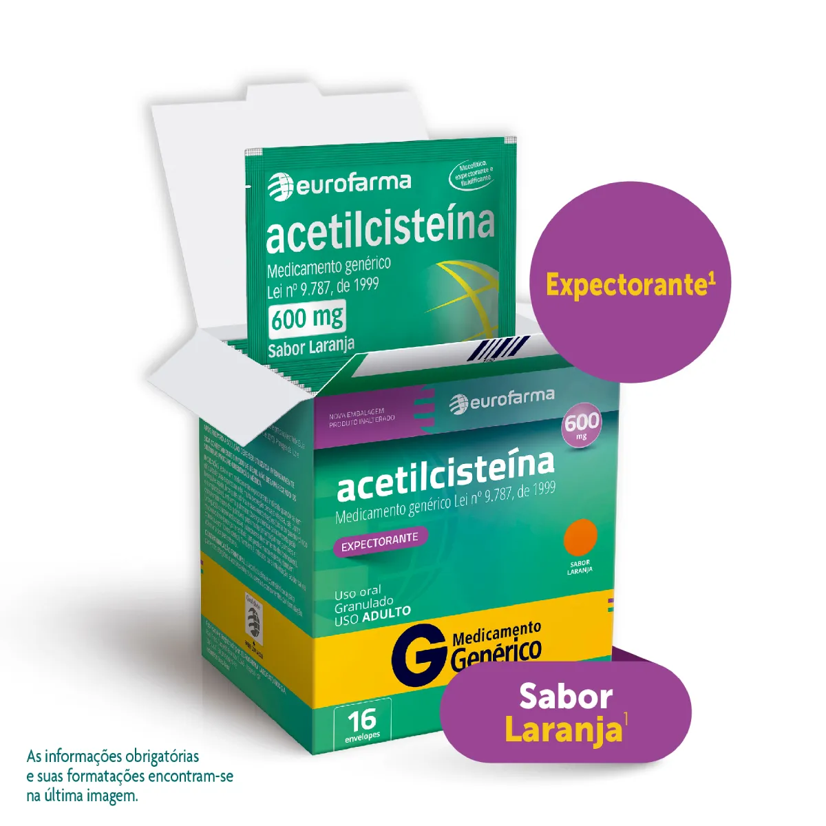 Acetilcisteína 600mg Granulado Sabor Laranja 16 envelopes Eurofarma Genérico