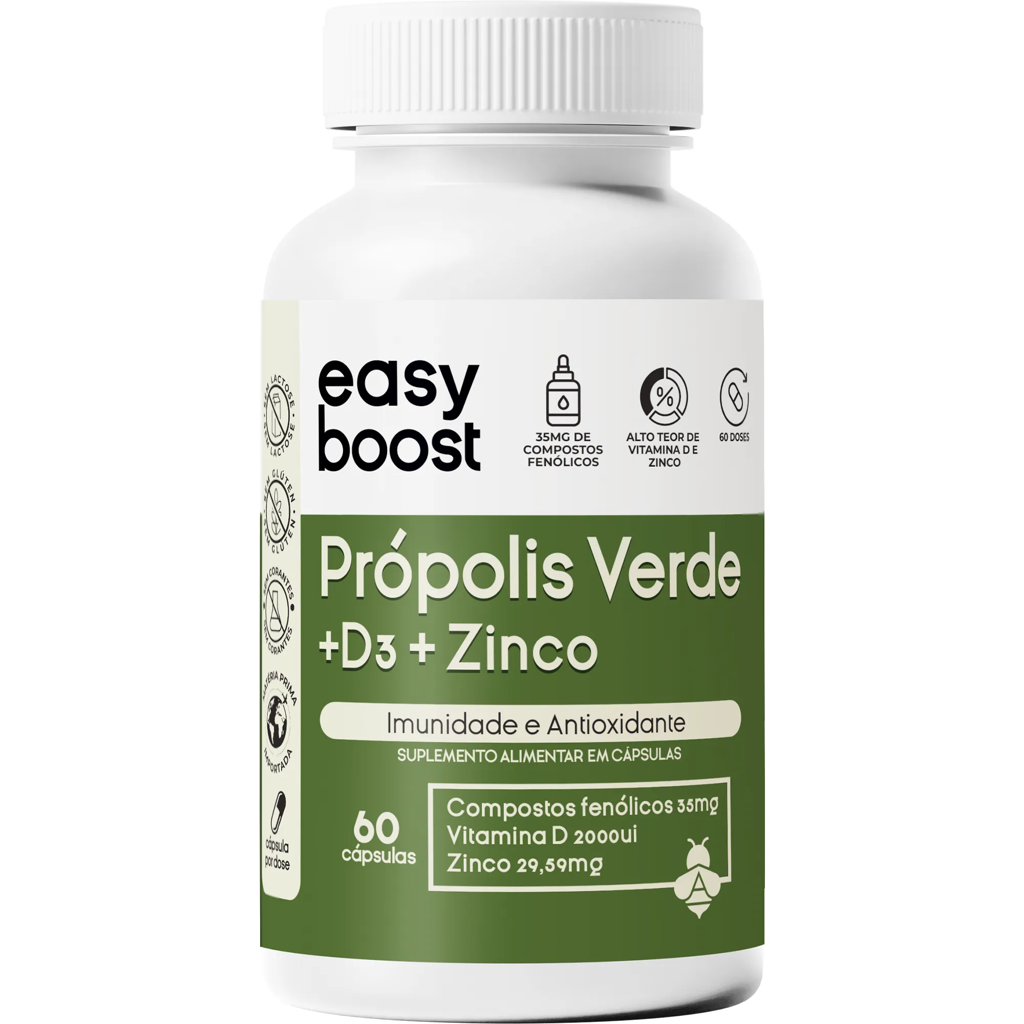 Própolis Verde D3 Zinco Easy Boost 35mg Fenóis 60 Caps