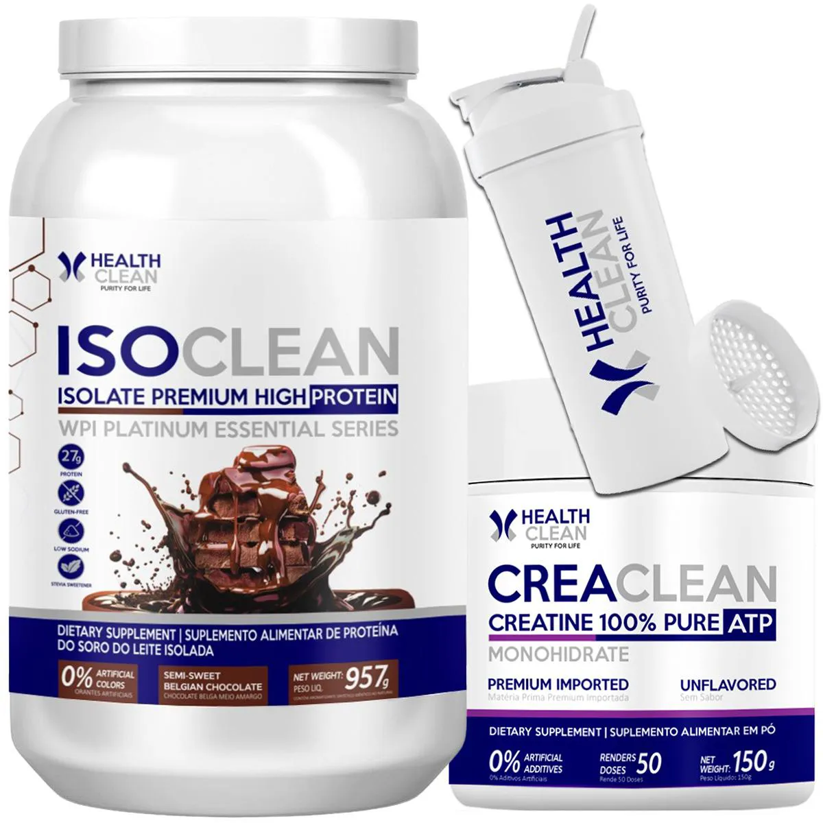 WHEY ISOLADO 957G+ CREATINA PURA + COQUETELEIRA HEALTH CLEAN Chocolate Belga Meio Amargo