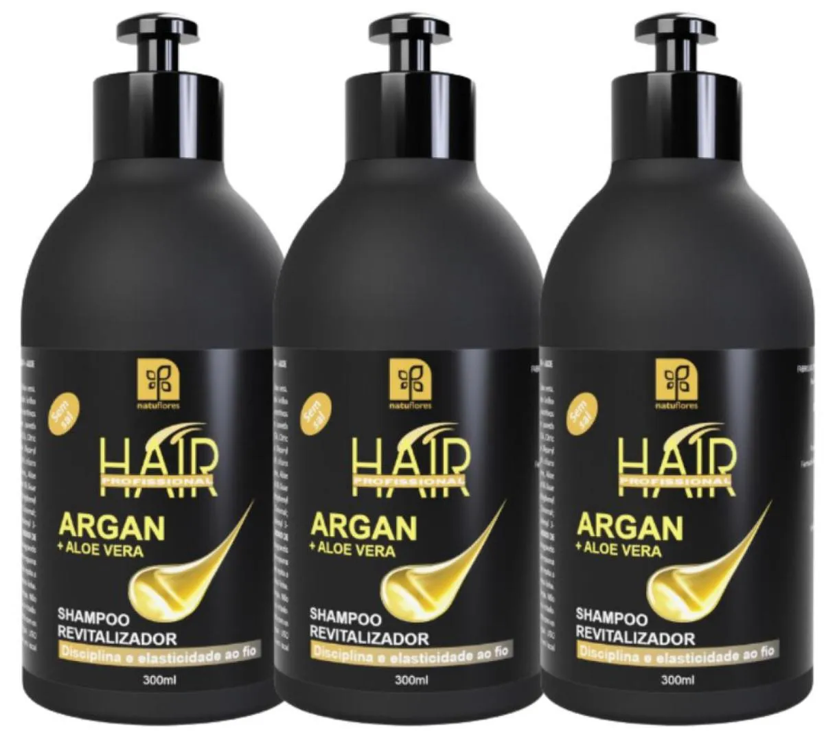 SHAMPOO HAIR PROFISSIONAL  ARGAN + ALOE VERA 300ML NATUFLORES KIT 3UN