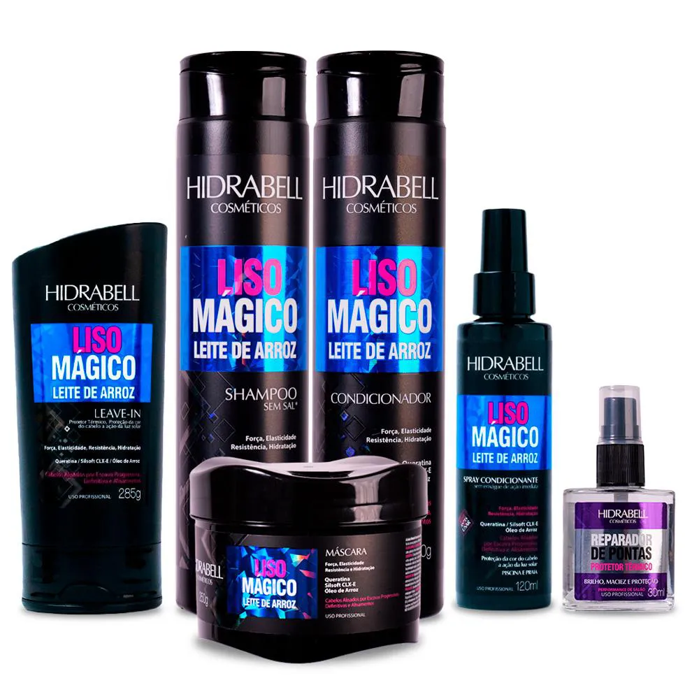KIT TRATAMENTO LISO MáGICO LEITE DE ARROZ + REPARADOR DE PONTAS HIDRABELL 6