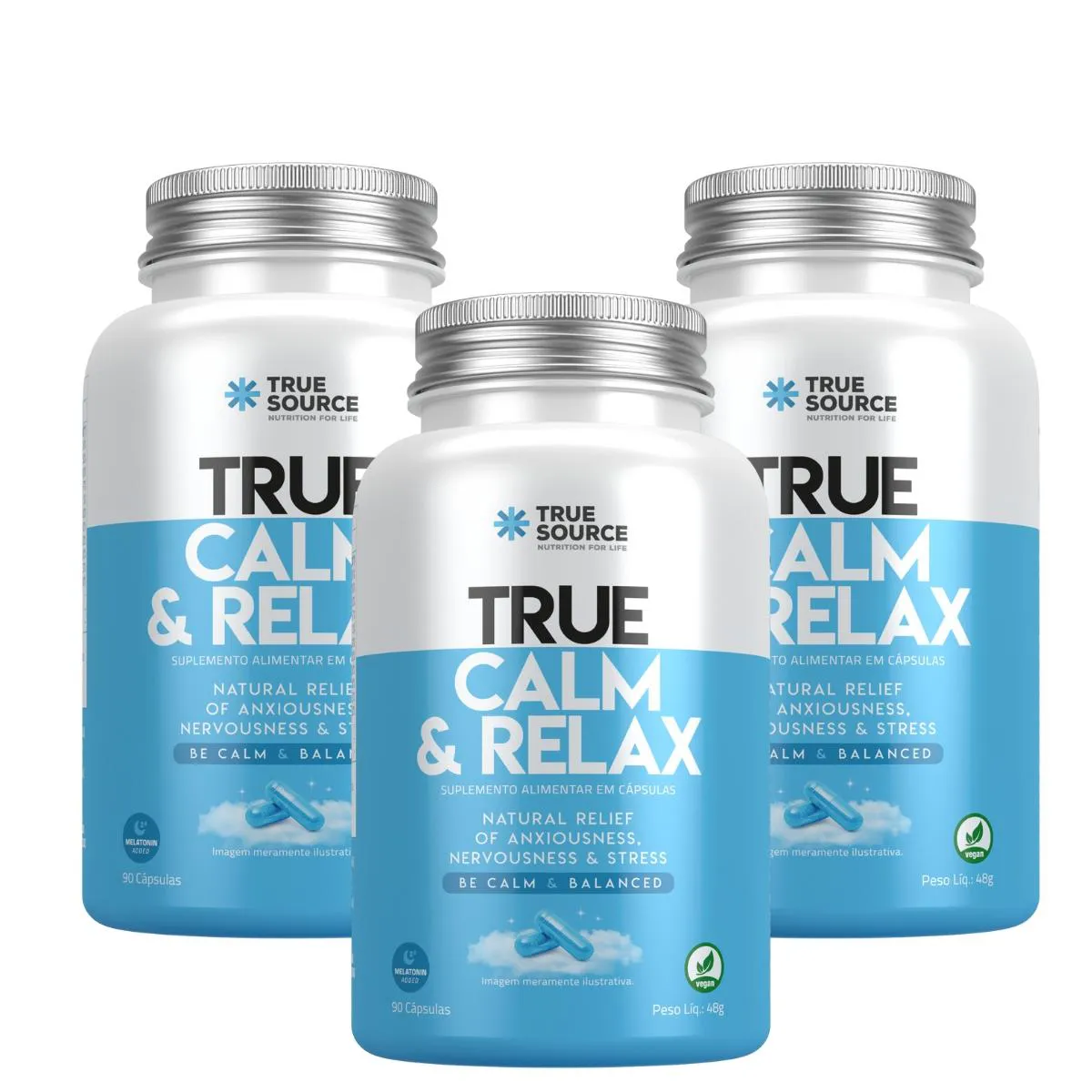 KIT 3 TRUE CALM & RELAX 90 CáPSULAS RELAXANTE MAGNéSIO TRUESOURCE SEM Sabor