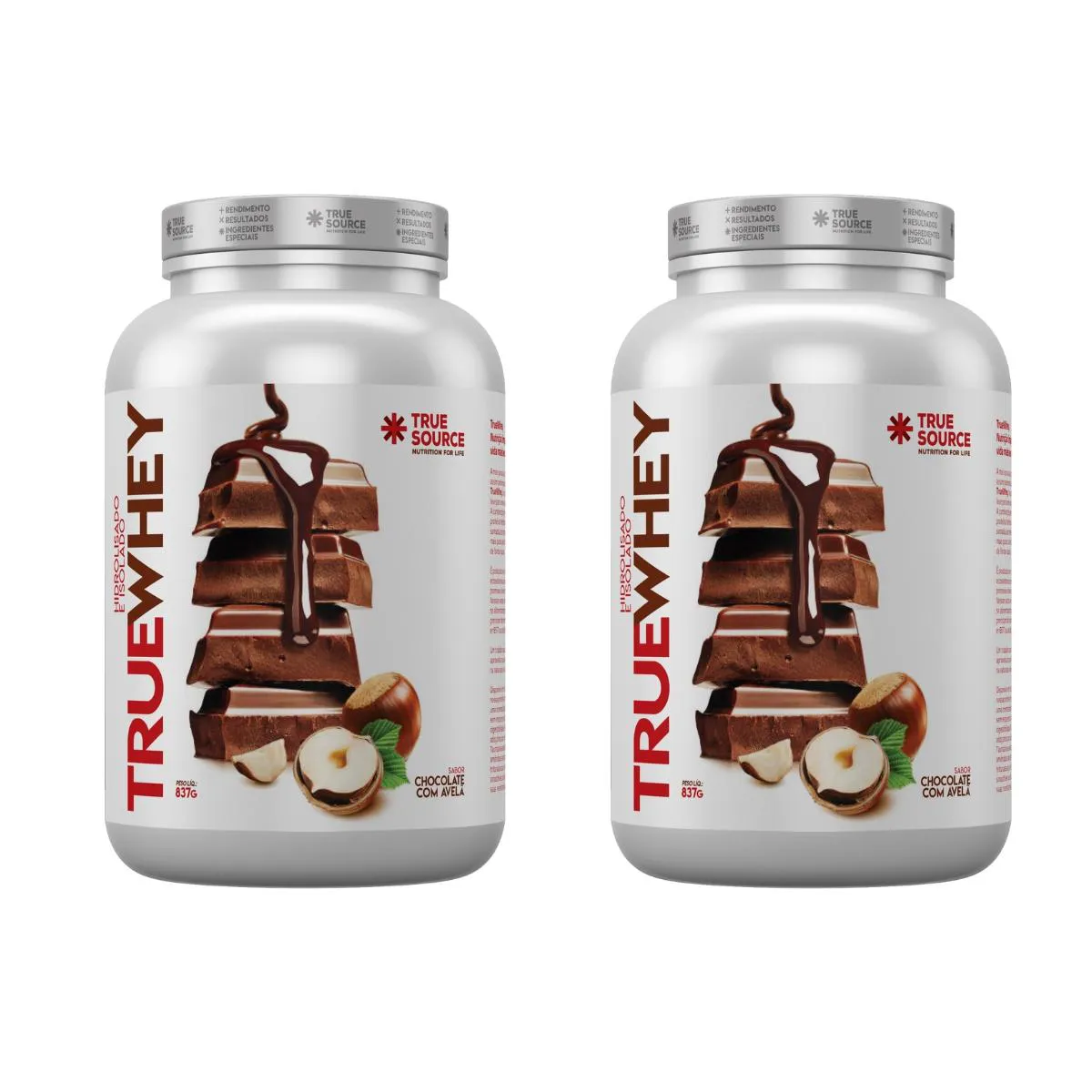 KIT 2 TRUEWHEY PROTEIN HIDROLISADO E ISOLADO COLáGENO TRUESOURCE 837G Chocolate COM Avelã