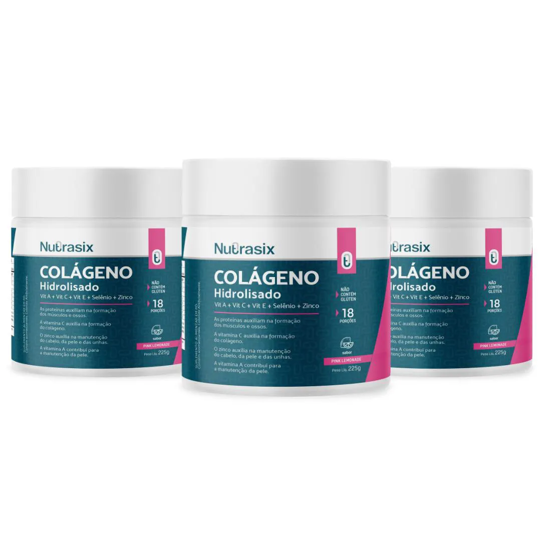 KIT DE 3 COLAGENO HIDROLISADO TIPO I E III + VITAMINAS E MINERAIS - 225G - SABOR PINK LEMONADE - NUTRASIX