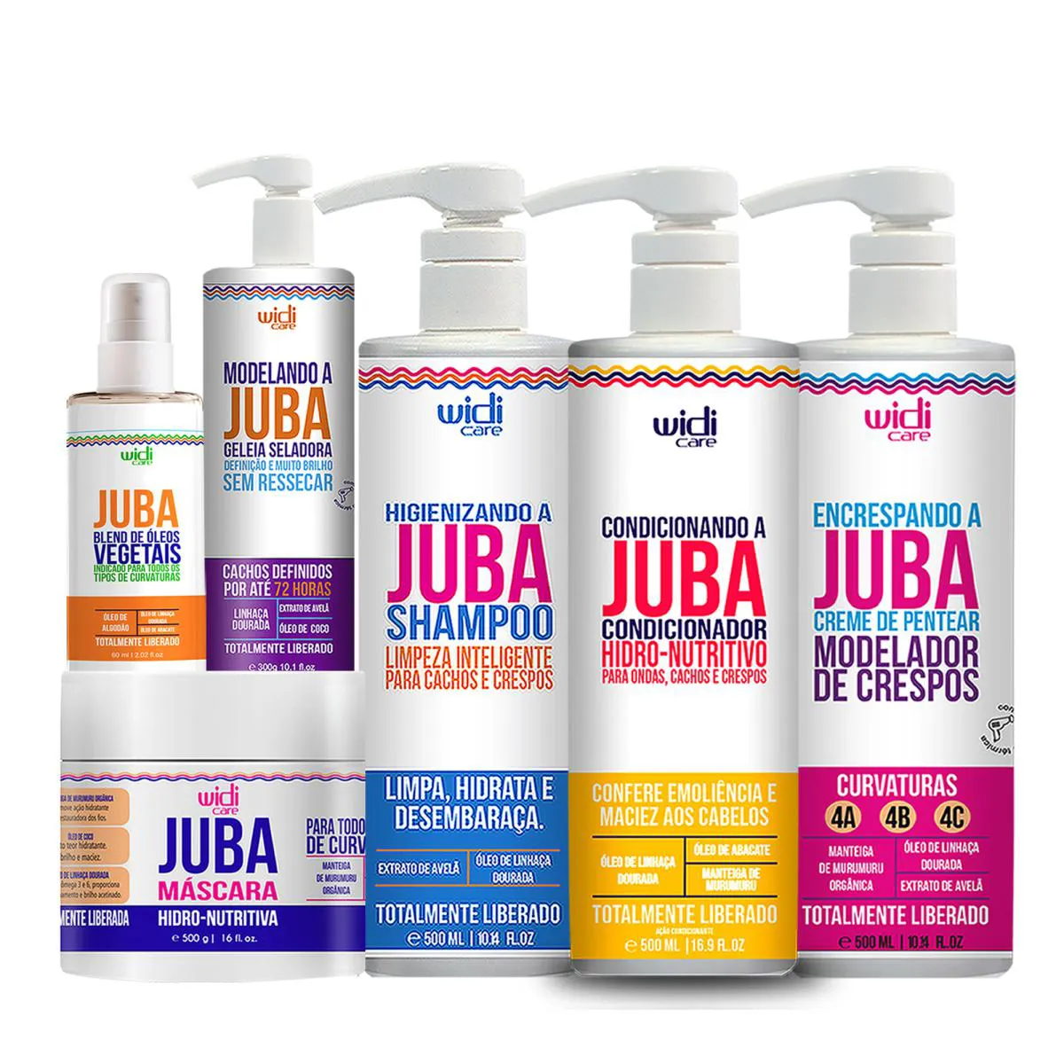 KIT WIDI CARE LINHA JUBA SHAMPOO, CONDICIONADOR, ENCRESPANDO, MáSCARA, GELEIA E BLEND
