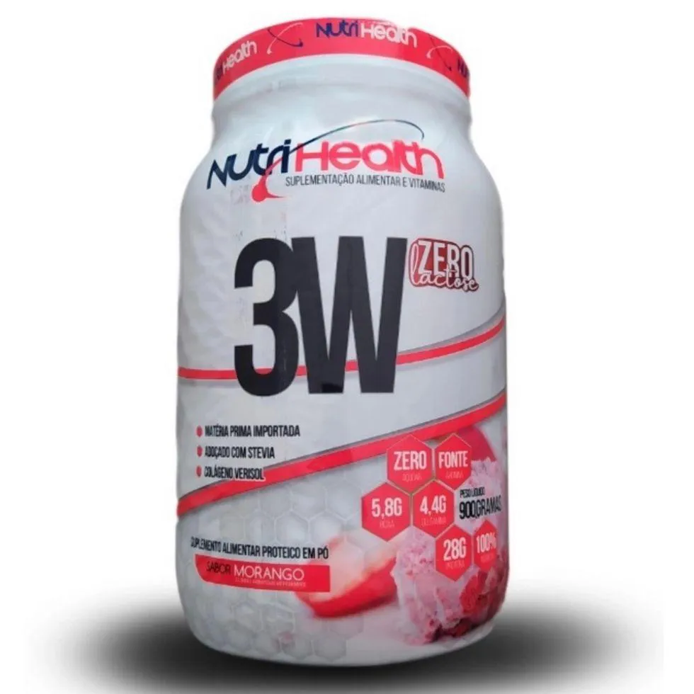 WHEY 3W ZERO LACTOSE (900G) - SABOR: MORANGO