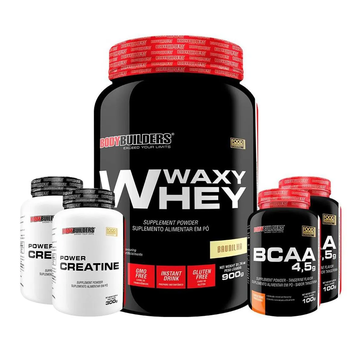 KIT WHEY PROTEIN WAXY WHEY POTE 900G + 2X BCAA 100G + 2X POWER CREATINA 100G- KIT PARA GANHO DE MASSA MUSCULAR-  Baunilha